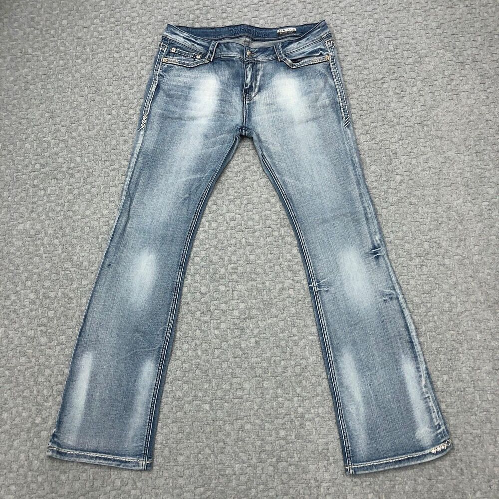 Rose Royce Bootcut Jeans Juniors 15/16 Blue Distressed Embroidered Cross Denim